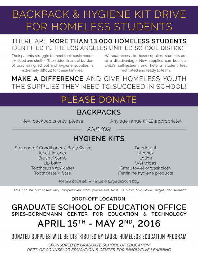 Backpack & Hygiene Kit Drive for Homeless Students