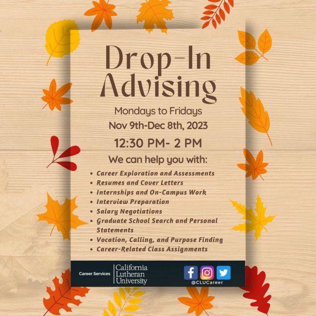Career Services Drop-In Advising, M-F, Nov. 9th-Dec. 8th in Gold Room 
